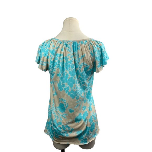 Old Navy Womens Floral Print Blouse Top S Blue & Beige Floral Pattern Short Slee - Picture 2 of 8